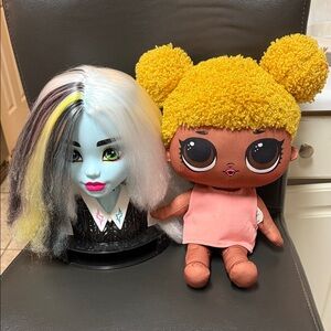 Monster High Frankie Stein Styling Head & L.O.L. Surprise! Huggable Plush Doll.